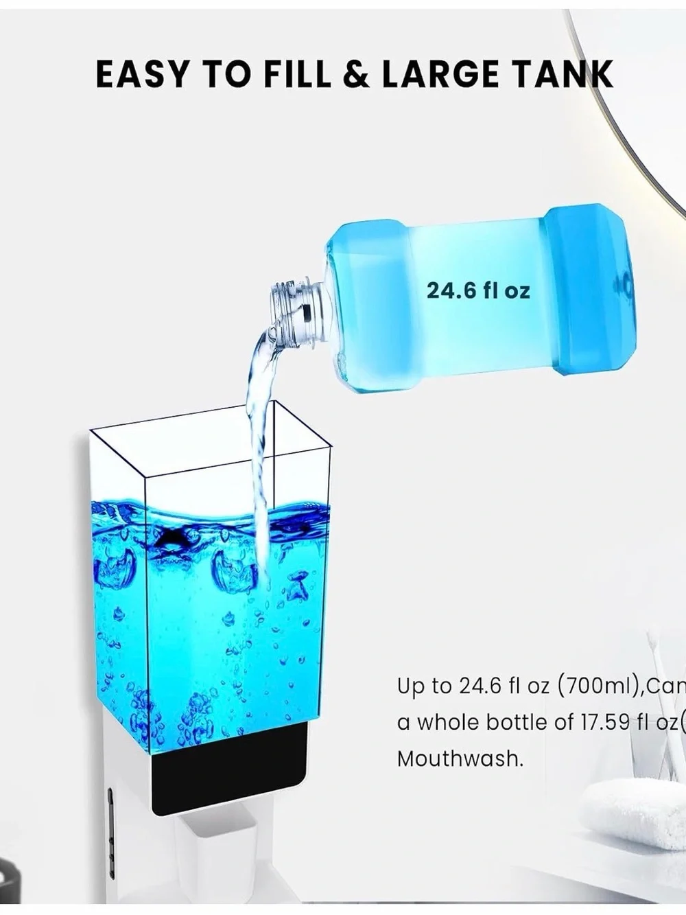 White Mouthwash Dispenser with Blue Reservoir